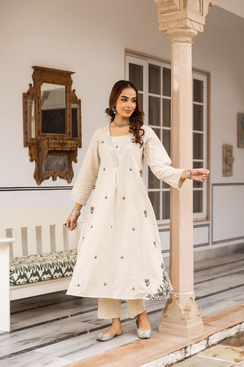 Pure cotton embroidered kurta pant in white