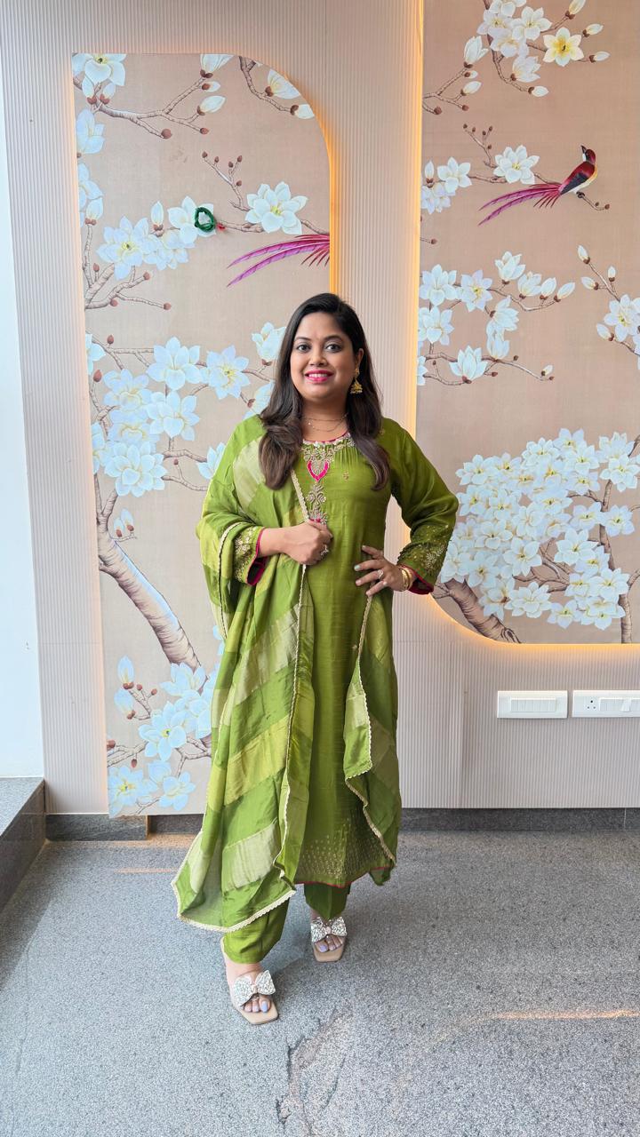 Premium dola silk Anarkali with intricate detailing full suit in green