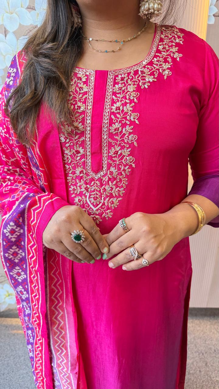 Super pretty Russian silk suit set of re effect paired with Patola dupatta