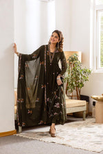 Pure Mul cotton designer digital printed full suit in olive