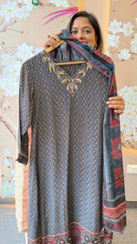 Pretty ajrak pure crepe hand work full suit set