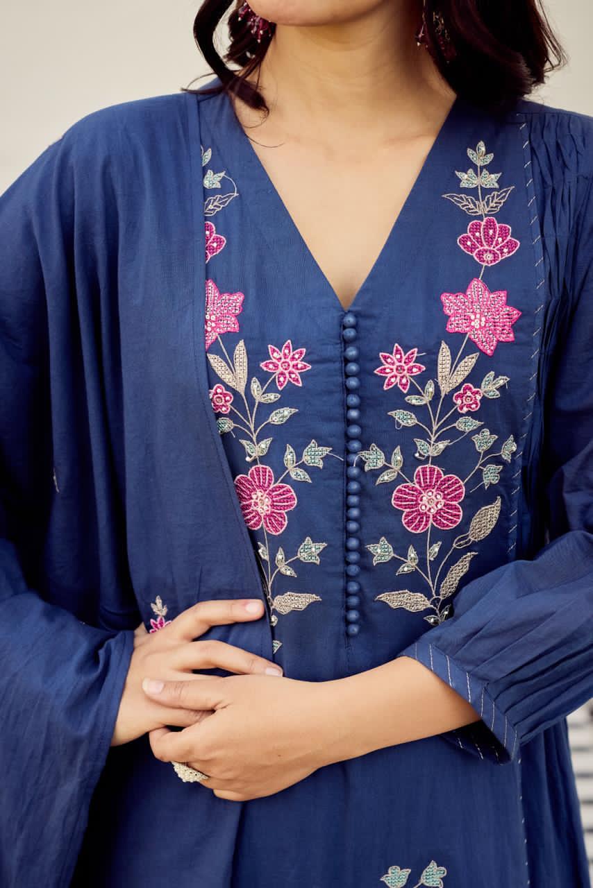 Premium Mul cotton embroidered full suit set in blue