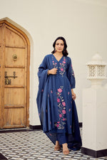Premium Mul cotton embroidered full suit set in blue