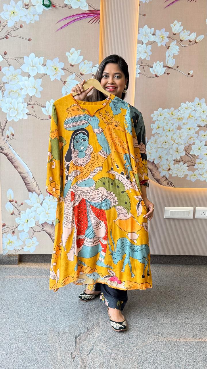 Pure Mul silk Kalamkari kurta pant in yellow