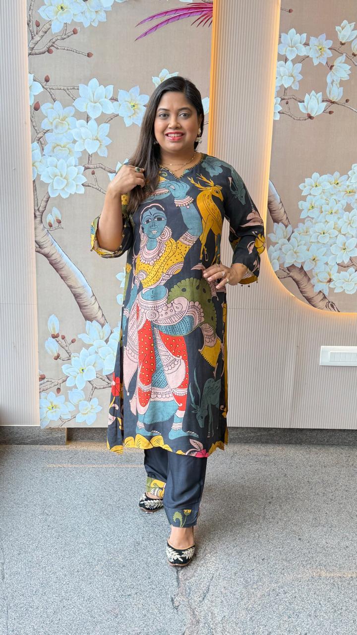 Pure Mul silk Kalamkari kurta pant in black