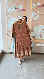 Mul cotton with gold zari embroidery full set in brown
