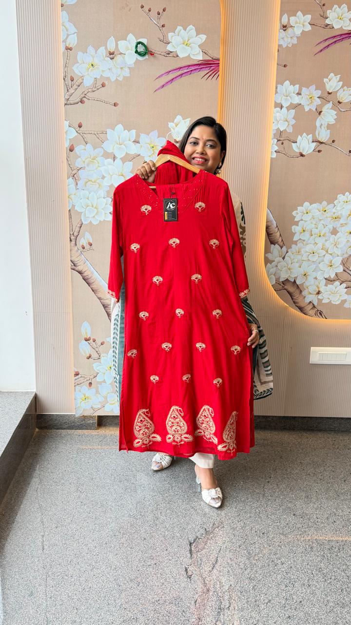 Mul cotton with gold zari embroidery full set in red