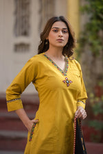Applique work cotton dupatta set in yellow