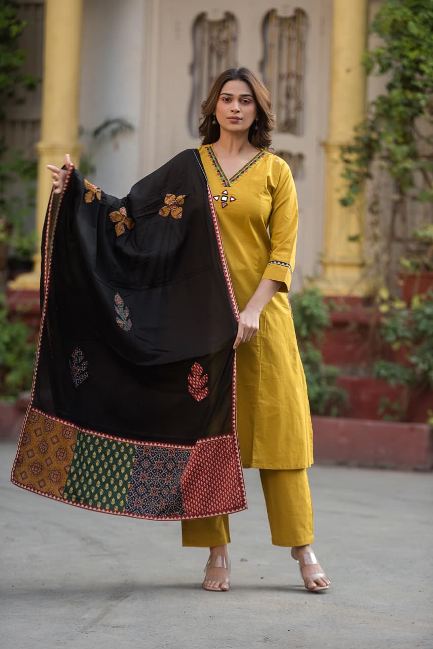 Applique work cotton dupatta set in yellow