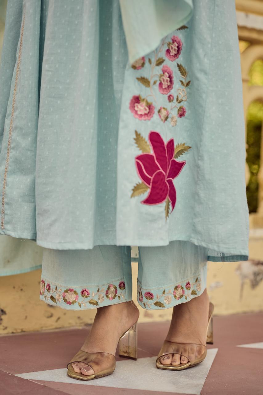 Premium Dobby cotton applique full suit set in blue