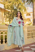 Premium Dobby cotton applique full suit set in blue