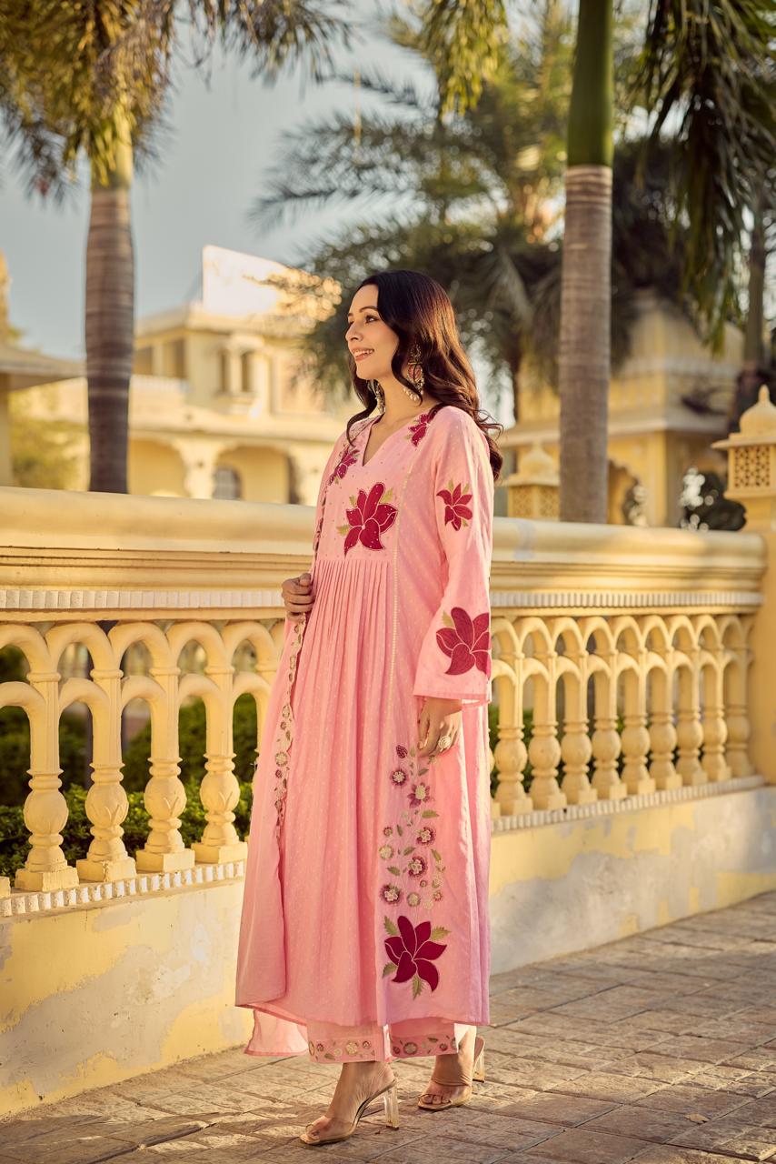 Premium Dobby cotton applique full suit set in pink