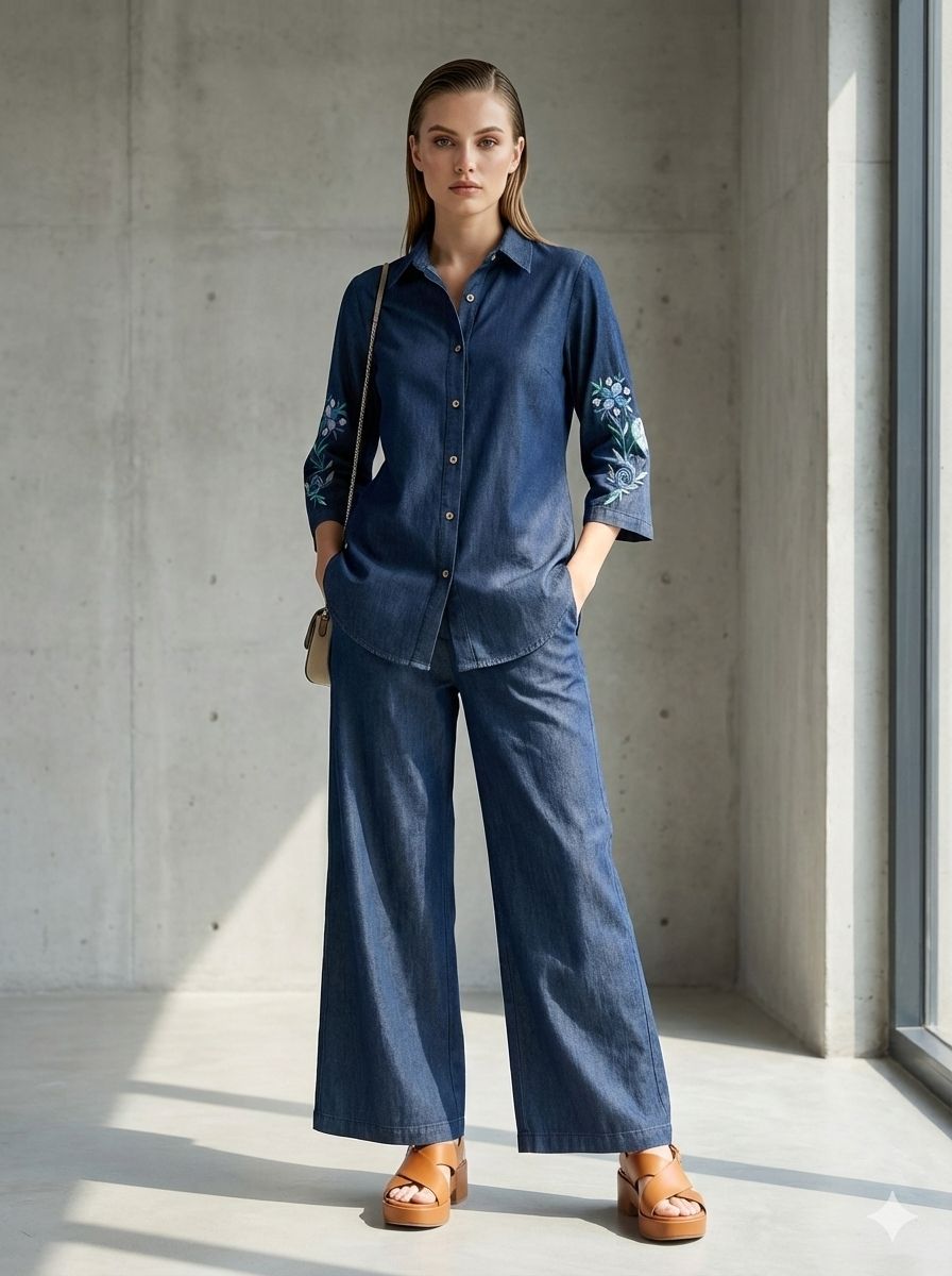 Denim cotton embroidered co ord