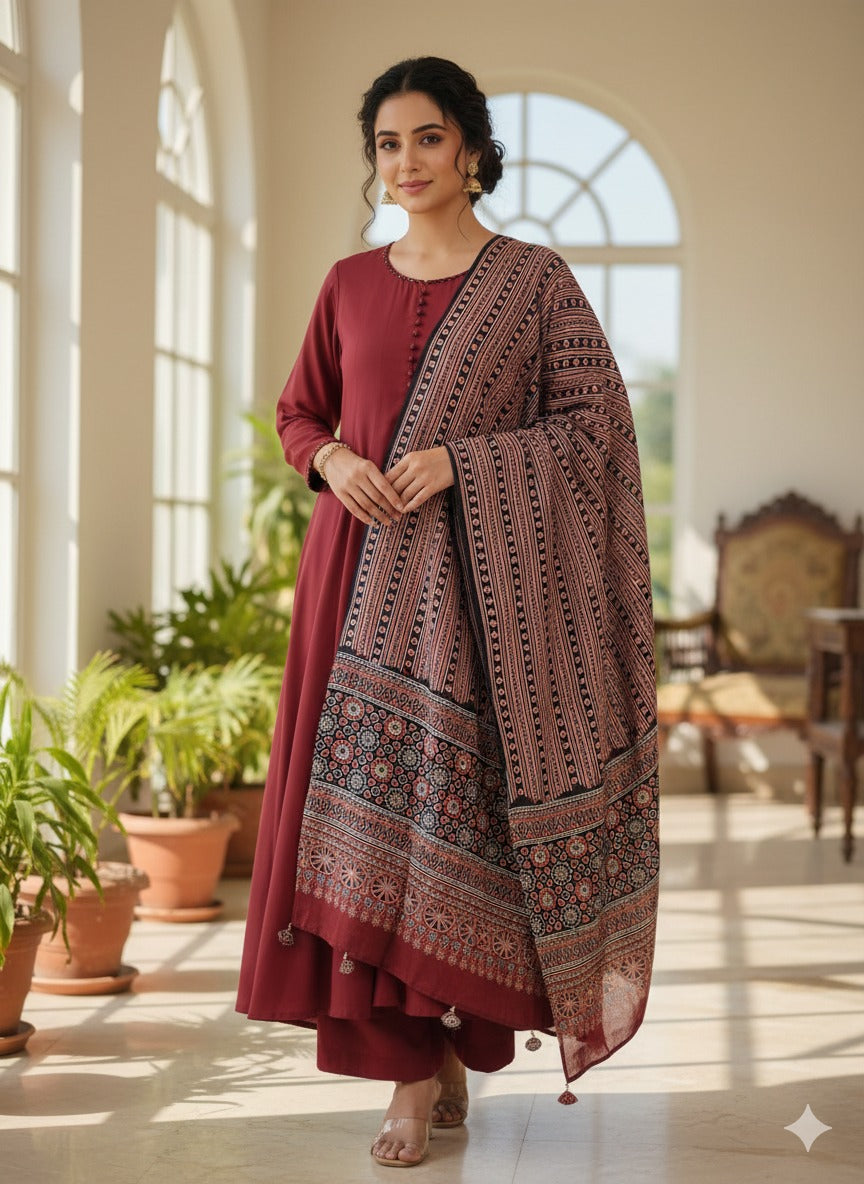 Wow ajrakh dupatta full suit set
