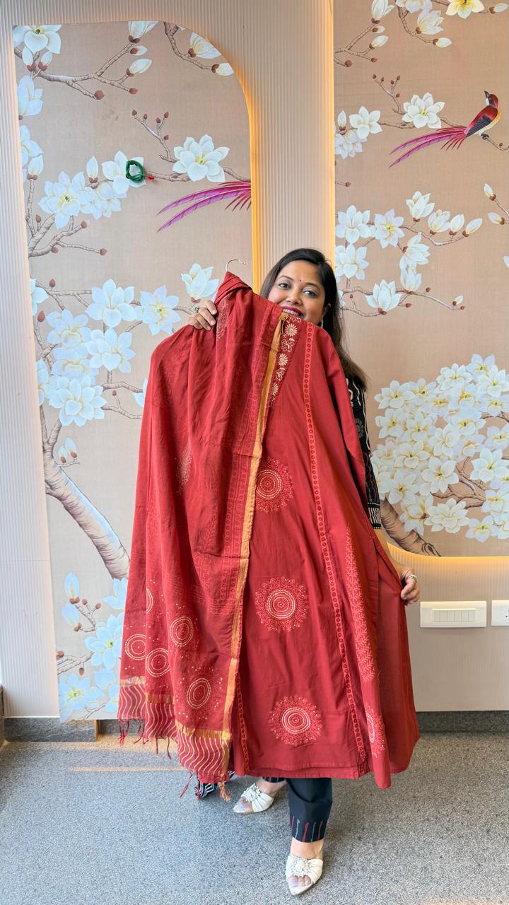 Premium cotton block printed suit paired with cotton chanderi dupatta