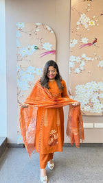 Super smart block printed full suit paired cotton chanderi dupatta