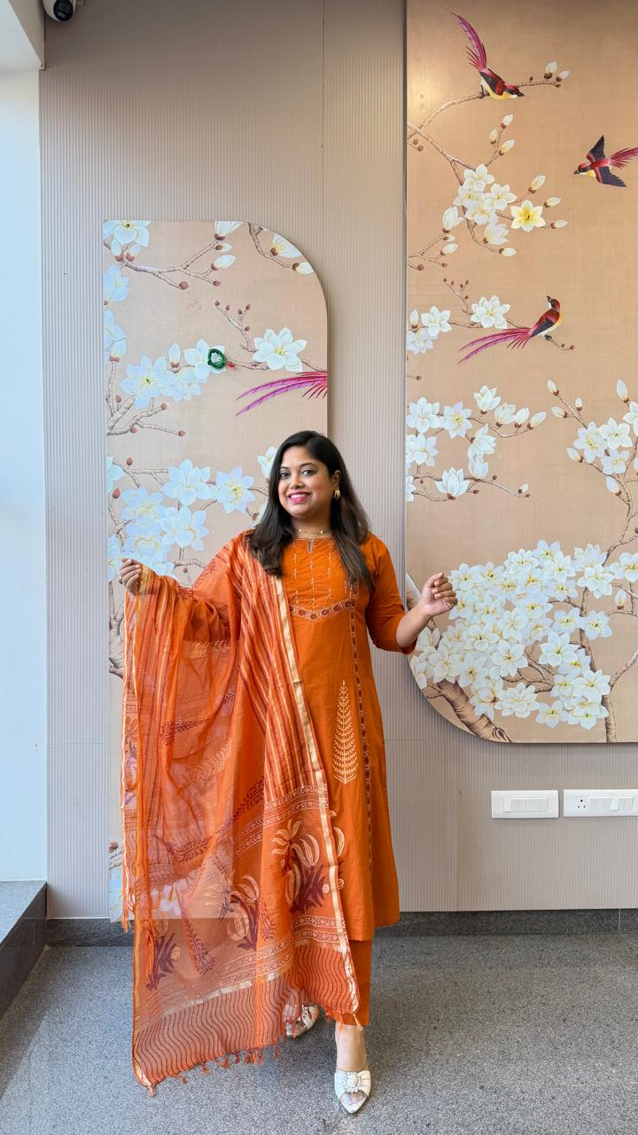 Super smart block printed full suit paired cotton chanderi dupatta
