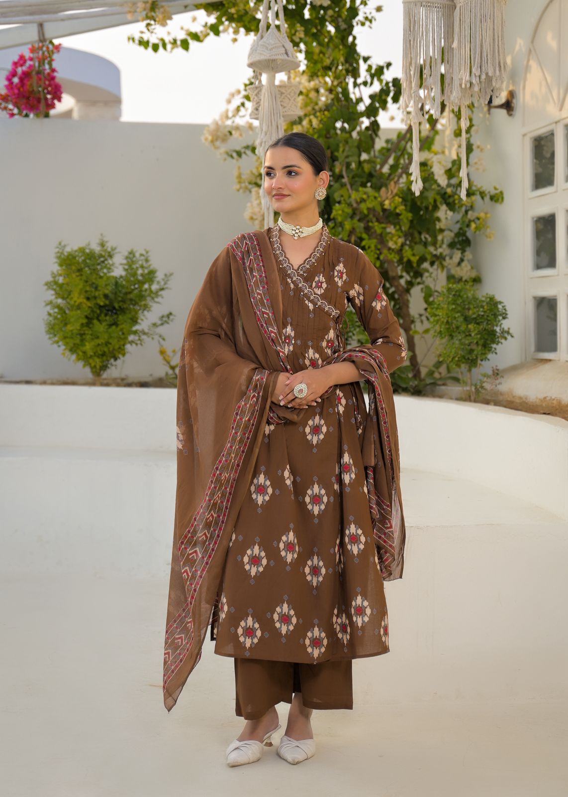 Pure cotton in Ikkat print in angrakha pattern full suit set