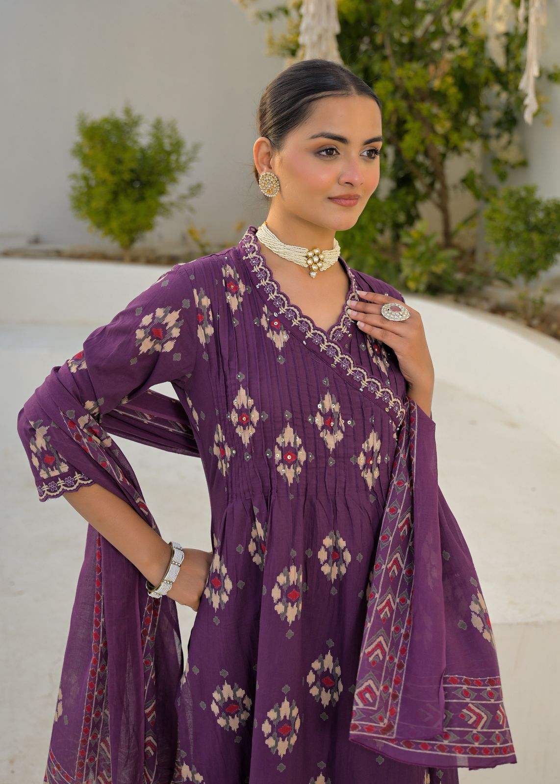 Pure cotton in Ikkat print in angrakha pattern full suit set