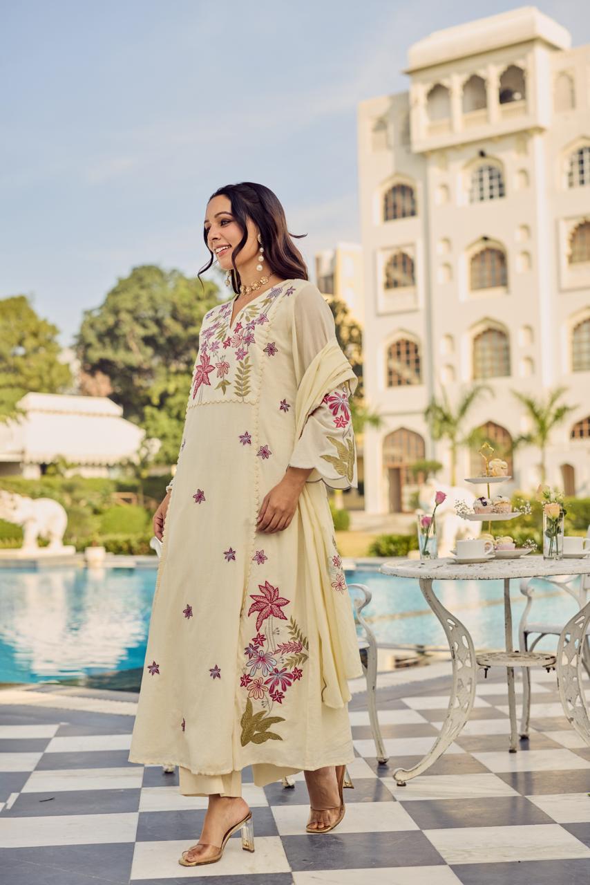Pure Mul cotton fully embroidered suit set in cream