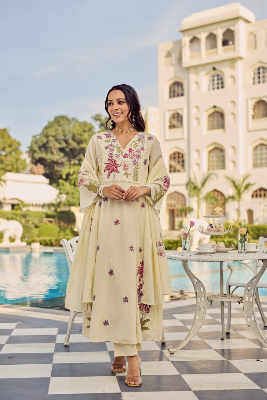 Pure Mul cotton fully embroidered suit set in cream