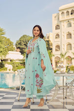 Pure Mul cotton fully embroidered suit set in blue