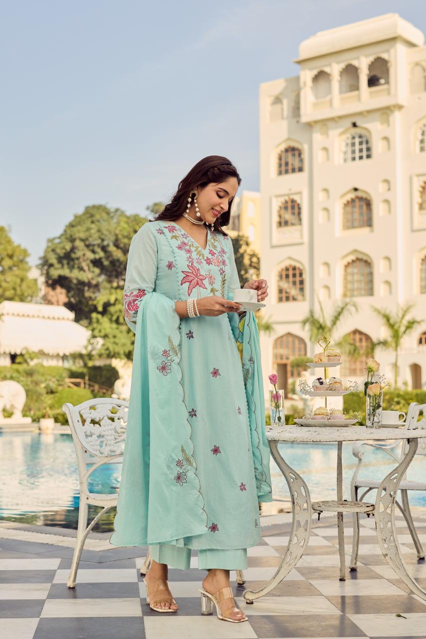 Pure Mul cotton fully embroidered suit set in blue