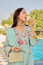 Pure Mul cotton fully embroidered suit set in blue