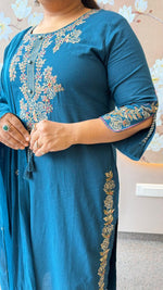 Pure cotton designer sleeves and pants paired with Mul cotton dupatta in blue