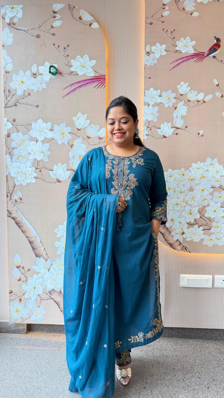 Pure cotton designer sleeves and pants paired with Mul cotton dupatta in blue