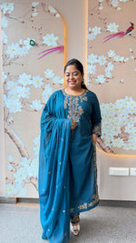 Pure cotton designer sleeves and pants paired with Mul cotton dupatta in blue