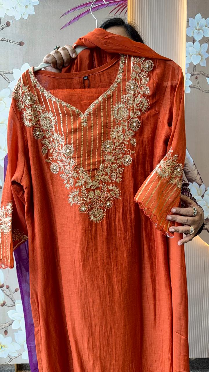 Pure Banarasi Mul chanderi with zari detailing full suit