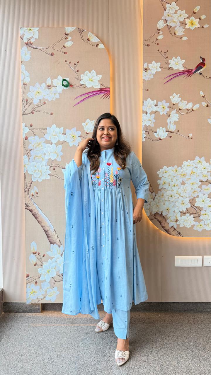 Premium embroidered cotton full suit set in blue