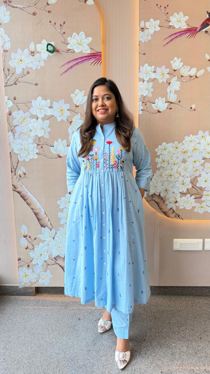 Premium embroidered cotton full suit set in blue