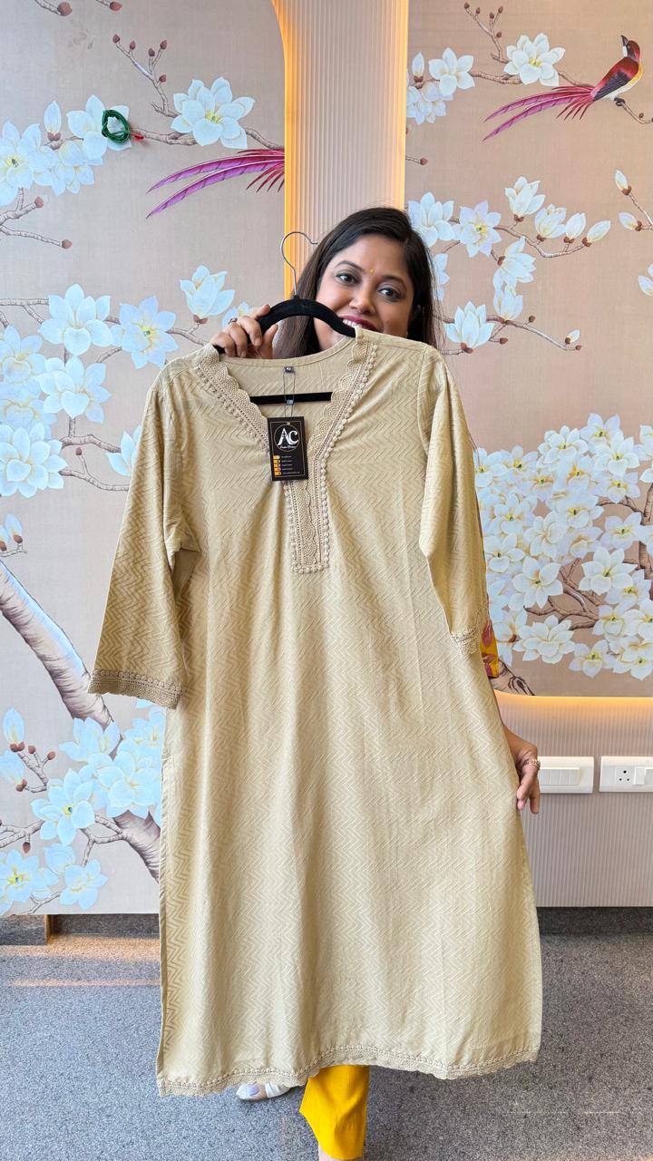 Textured cotton white lace detailing Kurta in beige