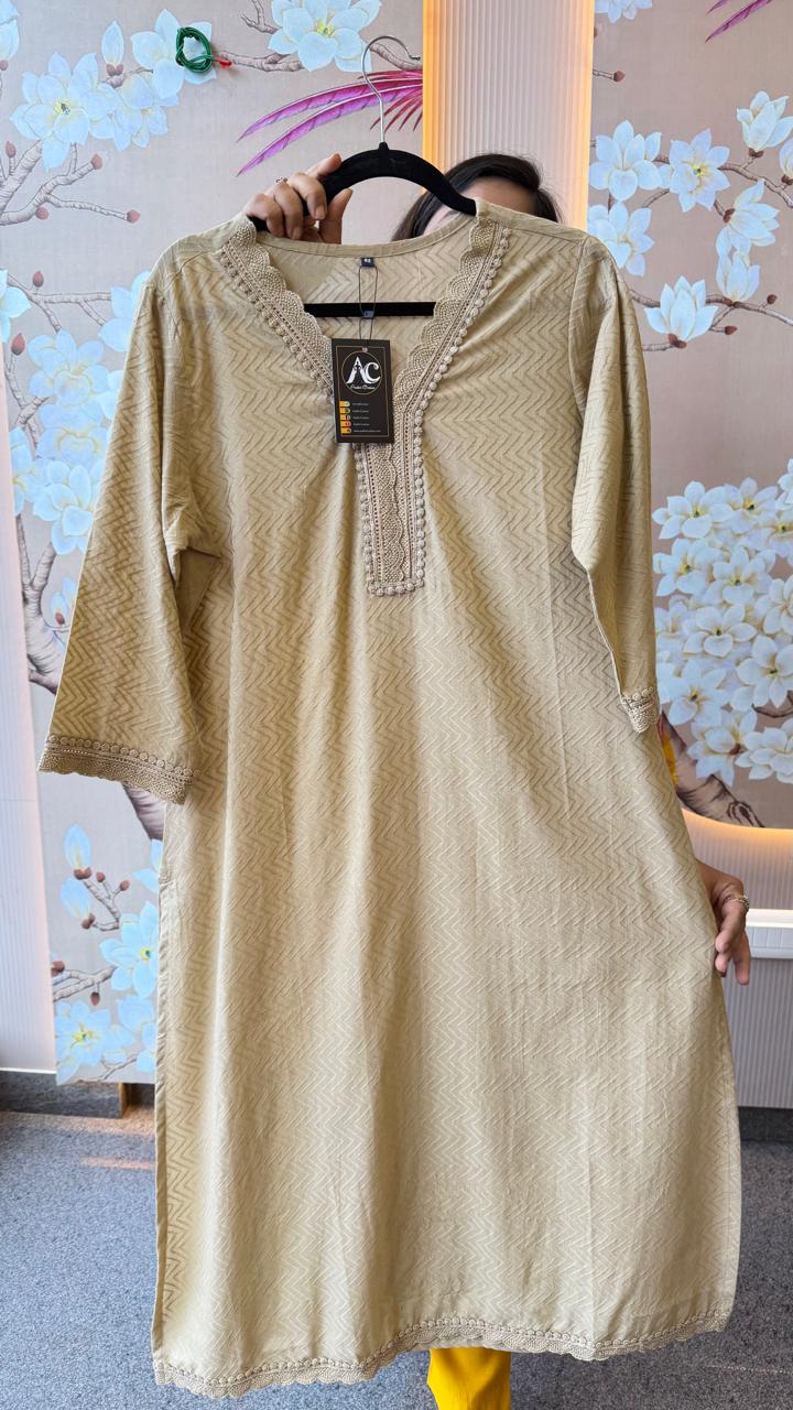 Textured cotton white lace detailing Kurta in beige