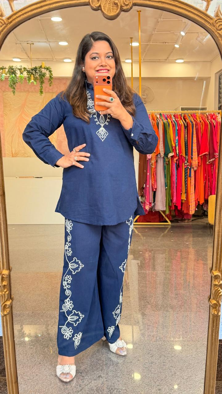 Embroidered cotton co ord set in blue