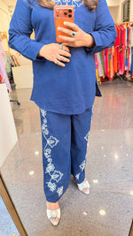 Embroidered cotton co ord set in blue