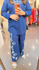 Embroidered cotton co ord set in blue