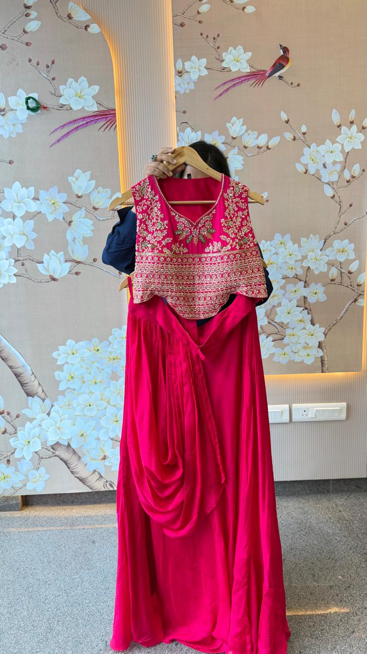 Premium chinon skirt with drape paired with a designer back blouse in pink