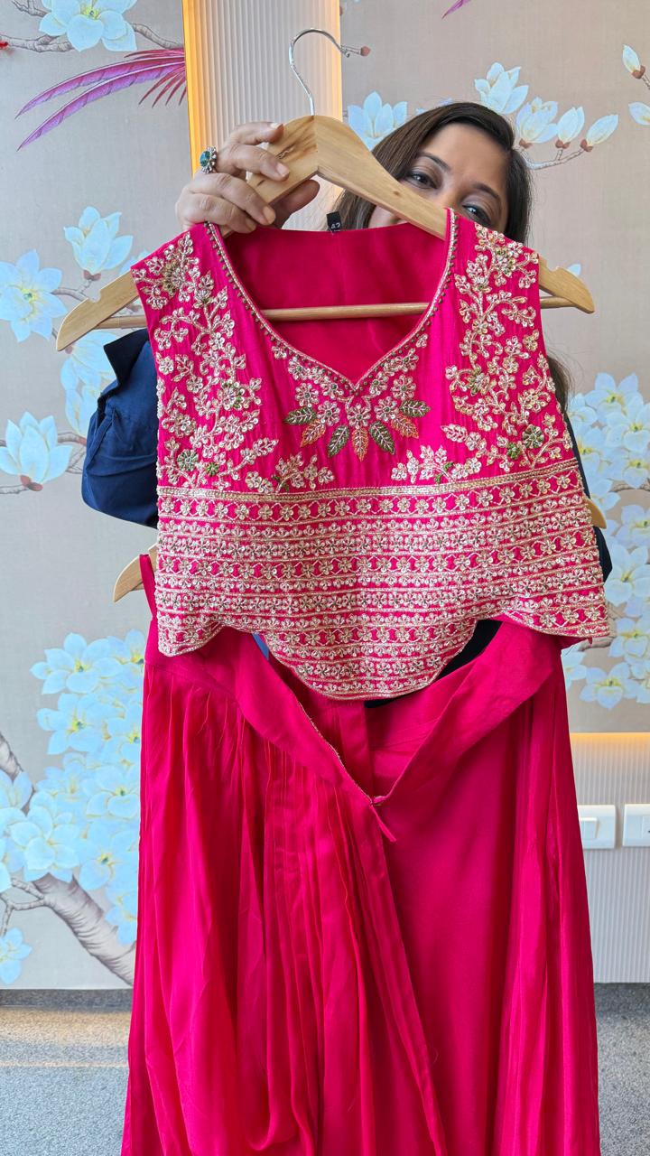 Premium chinon skirt with drape paired with a designer back blouse in pink