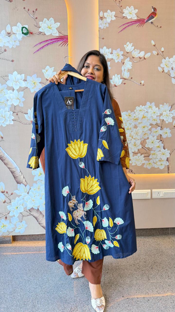 A line Applique work cotton suit set in blue(comfort fit)