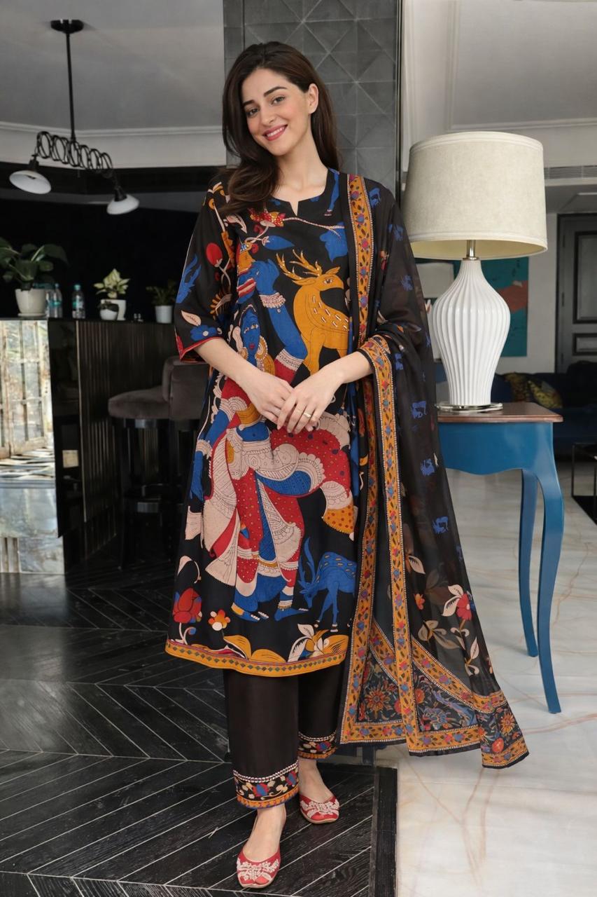 Kalamkari celebrity inspired cottton suit set in black