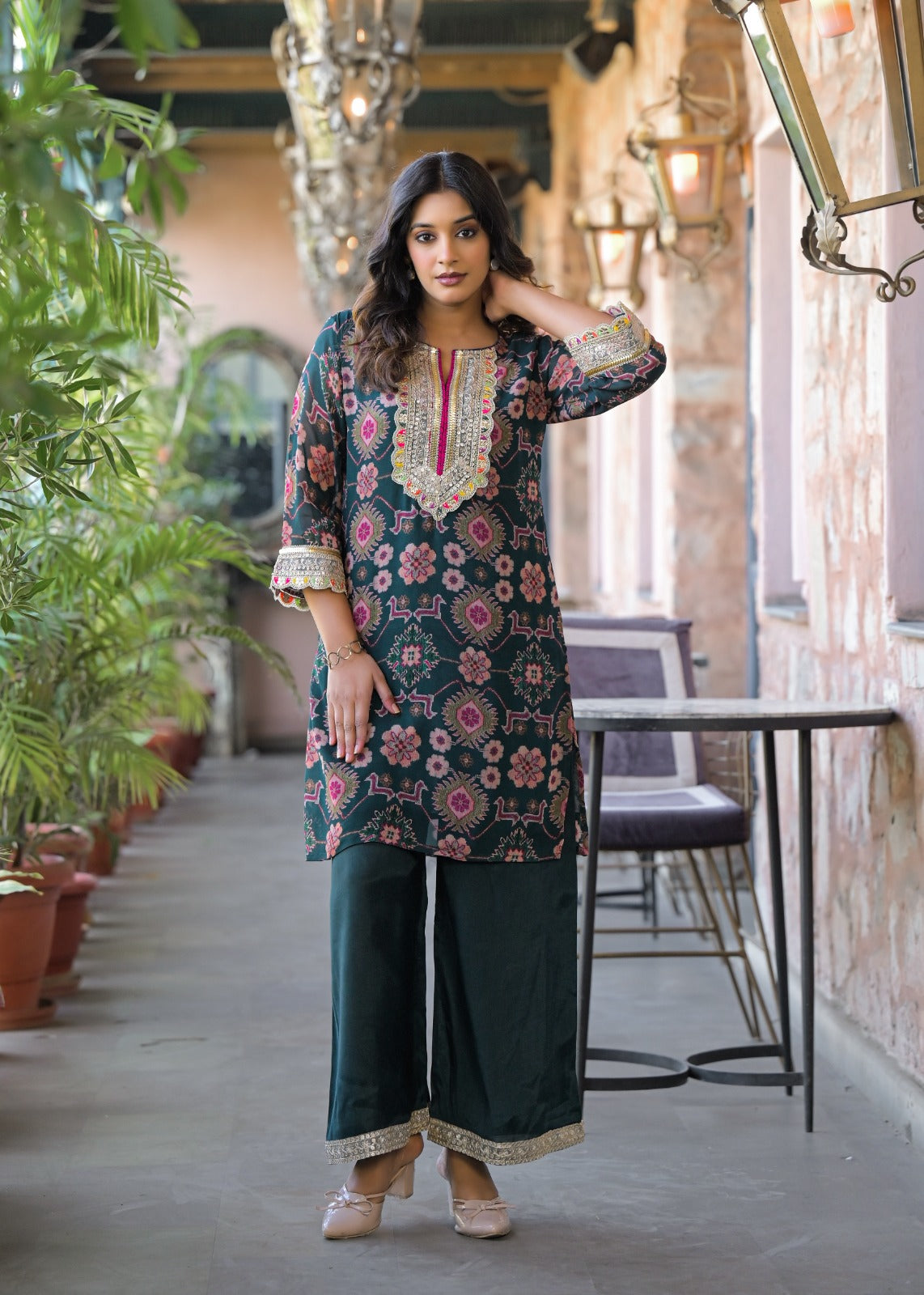 Restocked in new colour! Pure chinon zari detailing co ord set in green