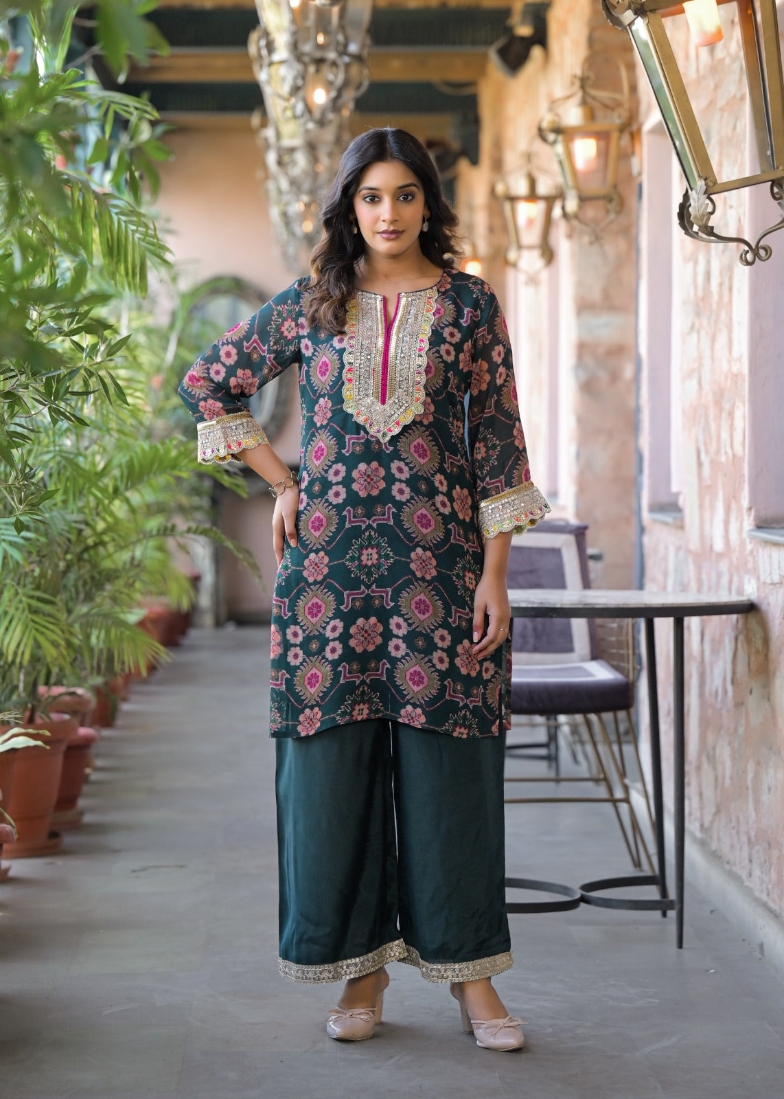 Restocked in new colour! Pure chinon zari detailing co ord set in green