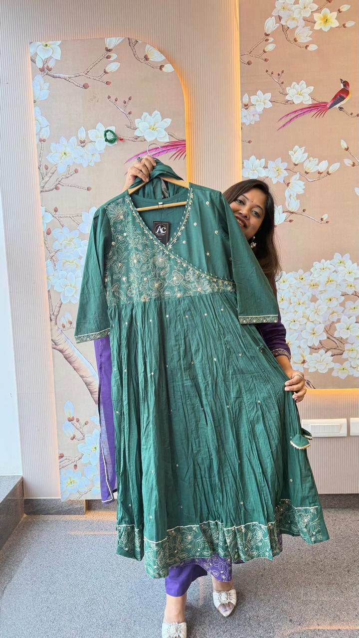 Bottle green pure Mul cotton zari detailing angrakha Anarkali suit set