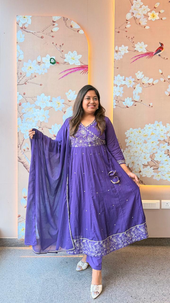 Purple pure Mul cotton zari detailing angrakha Anarkali suit set