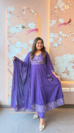 Purple pure Mul cotton zari detailing angrakha Anarkali suit set