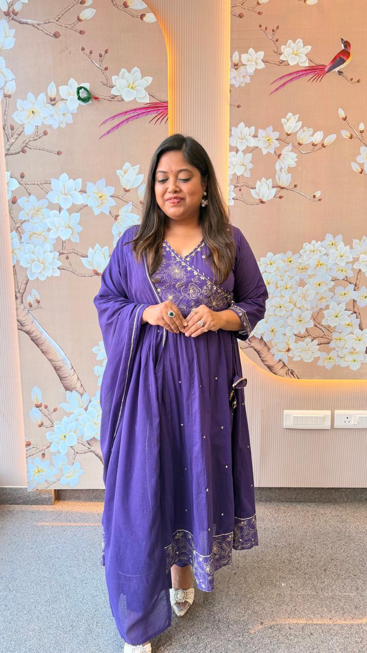 Purple pure Mul cotton zari detailing angrakha Anarkali suit set