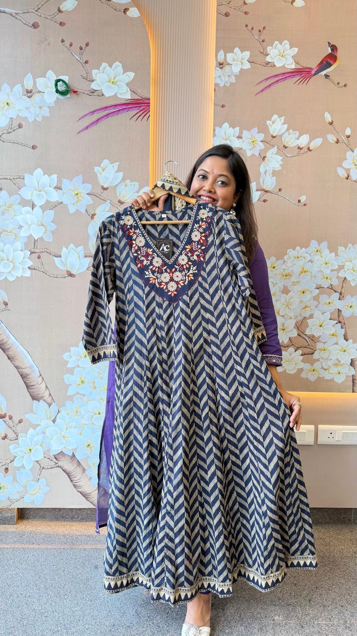 V neck embroidered cotton Anarkali suit set